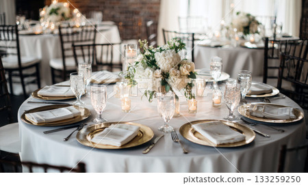 elegantly set round table for wedding reception, gala, or formal dinner. Luxurious setting includes white tablecloths, gold charger plates, crystal glasses, white floral centerpiece, glowing candles 133259250