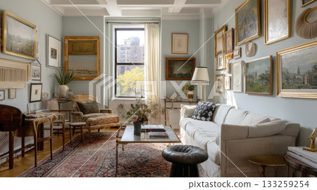 Elegantly Curated Apartment Living Room Interior: A Stylish, Sunlit Space with Light Blue Walls, Coffer Ceilings, an Eclectic Gallery Wall of Framed Art, a Persian Rug, and a Comfortable Linen Sofa 133259254