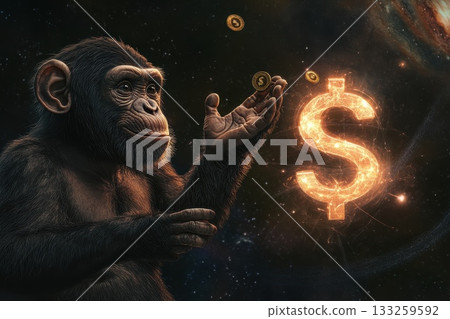 Monkey Handling Floating Gold Coins with Glowing Dollar Symbol Background in Cosmic Setting Monkey Handling Floating Gold Coins with Glowing Dollar Symbol Background in Cosmic Setting 133259592