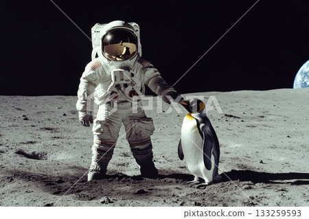 Astronaut with Penguin on Lunar Surface with Earth Visible in Background Astronaut with Penguin on Lunar Surface with Earth Visible in Background 133259593