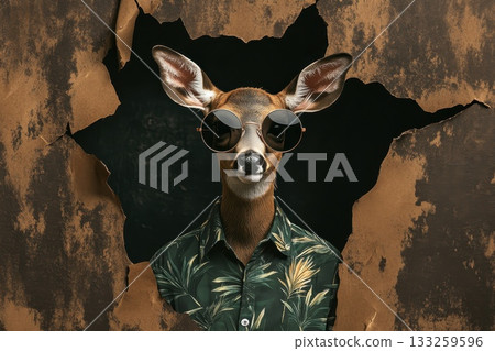 Stylish Deer Wearing Sunglasses and Tropical Shirt Poking Through a Broken Wall 133259596
