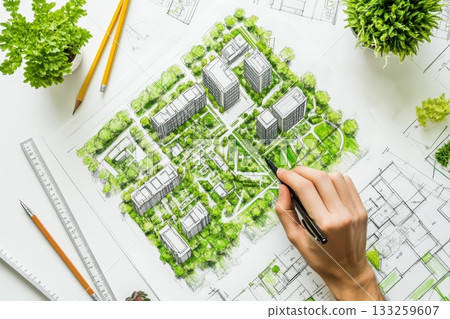 Urban Development Blueprint with Green Spaces and Modern Architecture Planning Urban Development Blueprint with Green Spaces and Modern Architecture Planning 133259607