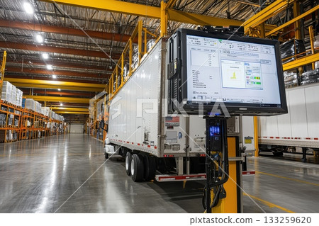 Efficient warehouse interior with monitor displaying logistics data and refrigerated truck in background Efficient warehouse interior with monitor displaying logistics data and refrigerated truck in background 133259620
