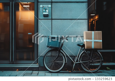 Delivery Bicycle with Box and Basket Leaning Against Modern Urban Building Wall Delivery Bicycle with Box and Basket Leaning Against Modern Urban Building Wall 133259623