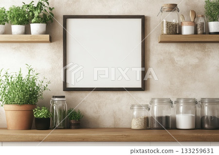 A white frame with a blank space sits on a shelf next to a variety of jars 133259631