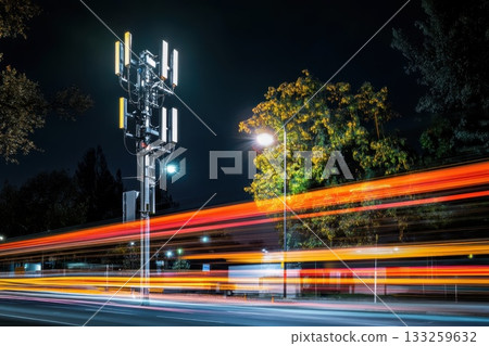 Night Scene of Urban Traffic With Cellular Tower Illuminated by Street Lights and Motion Blurs Night Scene of Urban Traffic With Cellular Tower Illuminated by Street Lights and Motion Blurs 133259632