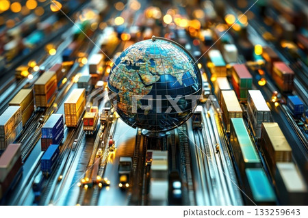 Global Trade Concept in Motion with Model Globe Surrounded by Freight Containers and City Lights Global Trade Concept in Motion with Model Globe Surrounded by Freight Containers and City Lights 133259643