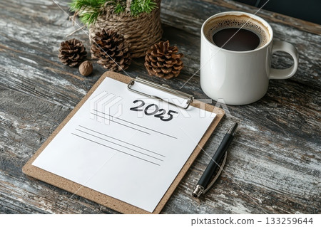 Cozy Workspace Setup with Coffee Mug, Yearly Planner, Pinecones, and Decorative Plant for 2025 Cozy Workspace Setup with Coffee Mug, Yearly Planner, Pinecones, and Decorative Plant for 2025 133259644