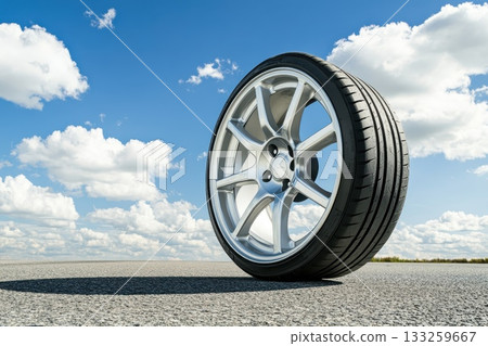 A silver tire is on a road with a blue sky in the background A silver tire is on a road with a blue sky in the background 133259667