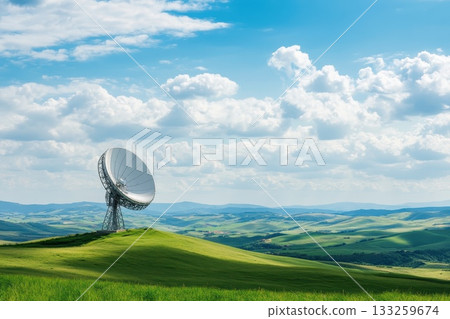 Satellite Dish on Lush Green Landscape Under Bright Sky with Soft Clouds and Mountains 133259674