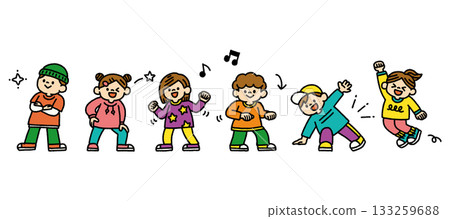 Colorful hand drawn illustration set of kids having fun dancing 133259688