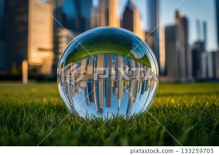 Reflection of Urban Skyscrapers in Glass Sphere on Green Grass in City Park at Sunset Reflection of Urban Skyscrapers in Glass Sphere on Green Grass in City Park at Sunset 133259705