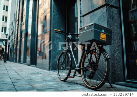 Urban Bicycle with Delivery Box Leaning Against Modern Building in City Street 133259714