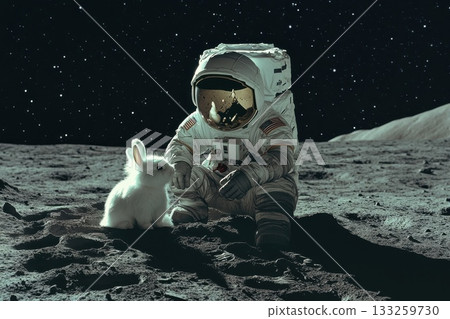 Astronaut with White Rabbit on Lunar Surface Under Starry Sky in Sci-Fi Dreamlike Scene Astronaut with White Rabbit on Lunar Surface Under Starry Sky in Sci-Fi Dreamlike Scene 133259730