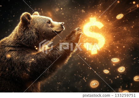 Bear Holding Dollar Symbol with Sparkles and Coins in a Financial Concept Illustration 133259751