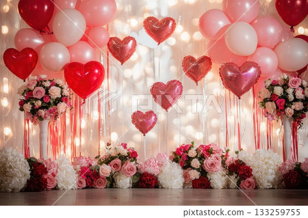 Romantic decoration with heart balloons and roses for Valentine's Day celebration and love event Romantic decoration with heart balloons and roses for Valentine's Day celebration and love event 133259755
