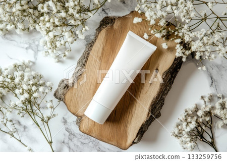 Minimalist White Cosmetic Tube Surrounded by Delicate Flowers on Rustic Wood Surface Minimalist White Cosmetic Tube Surrounded by Delicate Flowers on Rustic Wood Surface 133259756
