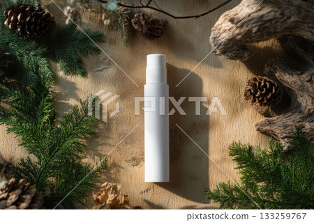 Minimalist White Spray Bottle Surrounded by Natural Elements on a Rustic Background Minimalist White Spray Bottle Surrounded by Natural Elements on a Rustic Background 133259767