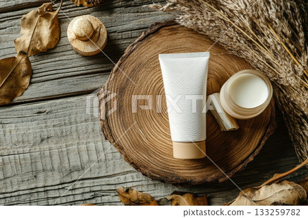 Natural skincare products on wooden surface with dried leaves and decorative elements Natural skincare products on wooden surface with dried leaves and decorative elements 133259782