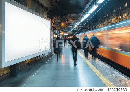 Urban subway platform with motion blur, empty advertising space on digital screen at train station 133259783