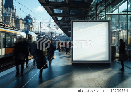 Urban Train Station Scene with Empty Billboard and Commuters Walking in Soft Morning Light 133259784