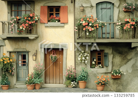 Charming Floral Facade of Cozy House with Colorful Planters and Lush Flower Boxes 133259785