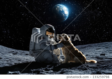 Astronaut and Golden Retriever Dog Together on the Moon with Earth Visible in Background Astronaut and Golden Retriever Dog Together on the Moon with Earth Visible in Background 133259798