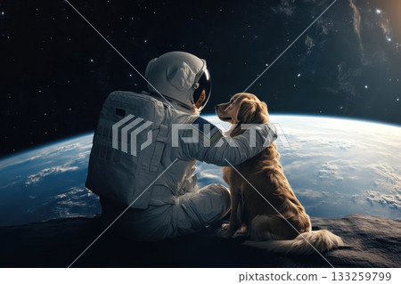 Astronaut Embraces Golden Retriever on Lunar Surface with Earth Visible in Background Astronaut Embraces Golden Retriever on Lunar Surface with Earth Visible in Background 133259799