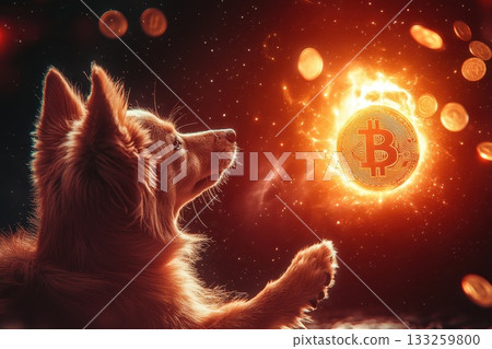 Enchanted Dog Gazing at Bitcoin Coin Surrounded by Fiery Glow and Sparkling Coins 133259800