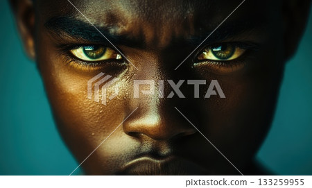 Intense gaze of a young boy with striking green eyes under soft lighting in a close-up portrait 133259955
