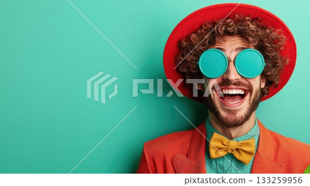 Man with curly hair wearing bright outfit, sunglasses, and a hat smiles joyfully against a vibrant turquoise background at a trendy photo shoot 133259956