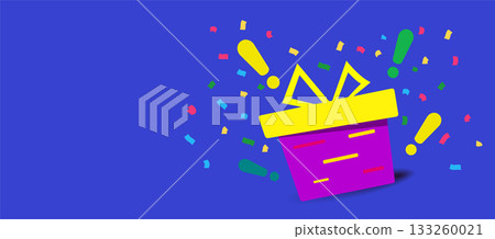 Enter to win prizes. vertical banner. red gift box on blue background and exclamation marks. Fireworks or confetti around. Cartoon origami style vector illustration. Enter to win prizes. vertical banner. red gift box on blue background and exclamation marks. Fireworks or confetti around. Cartoon origami style vector illustration. 133260021