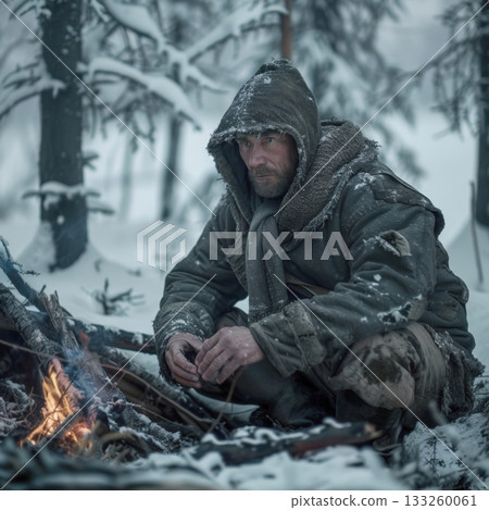 Gritty and dramatic image of survivalist man in a hooded winter coat, huddled beside a small campfire in a snowy forest. Captures moment of isolation, cold, resilience in harsh wilderness environment 133260061