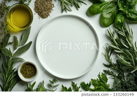 Fresh Herbs and Olive Oil on White Plate with Seasonings and Green Leaves Surrounding 133260149