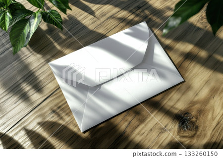 Blank White Envelope Mockup Resting on Wooden Table Surrounded by Greenery and Shadows 133260150