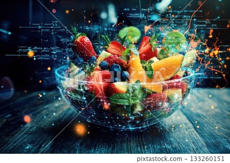Colorful Fresh Fruit Smoothie Bowl on Rustic Wood Background with Digital Effects 133260151