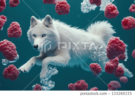 Ethereal Arctic Wolf Levitating Amidst Floating Raspberries in Dreamlike Space Ethereal Arctic Wolf Levitating Amidst Floating Raspberries in Dreamlike Space 133260155