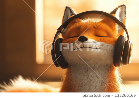 Charming Fox with Fluffy Tail Wearing Headphones in a Warm Setting Charming Fox with Fluffy Tail Wearing Headphones in a Warm Setting 133260169
