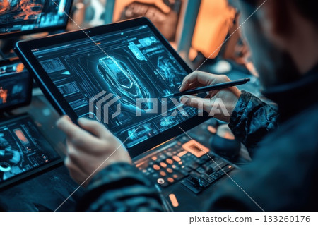 Digital Artist Creating High-Tech Vehicle Design Using Stylus on Tablet in Modern Workspace Digital Artist Creating High-Tech Vehicle Design Using Stylus on Tablet in Modern Workspace 133260176