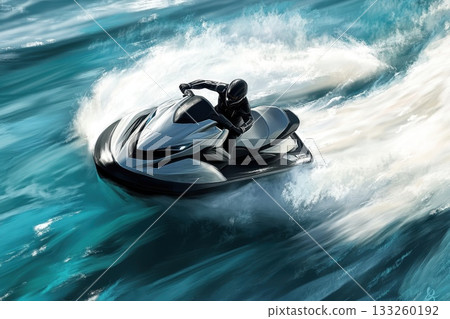 High-Speed Jet Ski Cutting Through Aqua Waves in Dynamic Water Action Scene 133260192