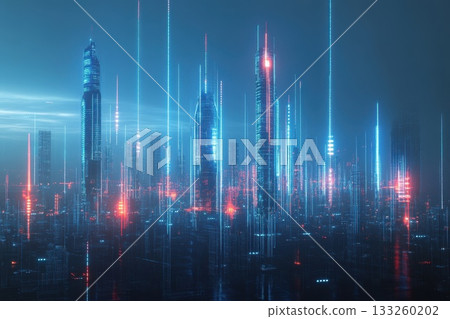 Conceptual Visualization of 6G Wireless Technology in a Futuristic Urban Landscape 133260202
