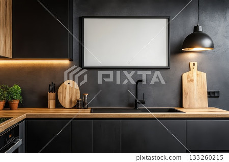 Modern Minimalist Kitchen Design with Dark Elements and Wooden Accents in Urban Setting Modern Minimalist Kitchen Design with Dark Elements and Wooden Accents in Urban Setting 133260215