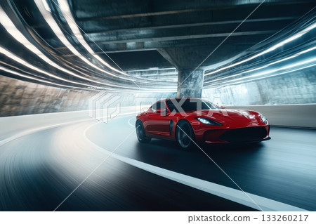 Red Sports Car in Motion on Empty Modern Tunnel with Dynamic Light Trails Red Sports Car in Motion on Empty Modern Tunnel with Dynamic Light Trails 133260217