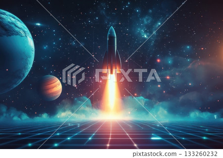 Rocket Launching into Space with Planets and Stars in a Futuristic Cosmic Landscape 133260232