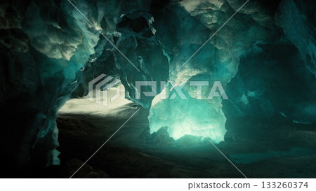 Majestic ice caves reveal shimmering turquoise colors as light filters through. Natural formations tell the story of time, creating a serene and mysterious atmosphere within the glacier. Majestic ice caves reveal shimmering turquoise colors as light filters through. Natural formations tell the story of time, creating a serene and mysterious atmosphere within the glacier. 133260374