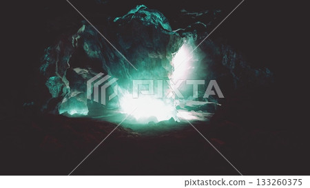 A breathtaking cave scene features vibrant turquoise light reflecting off the rocky surfaces. A breathtaking cave scene features vibrant turquoise light reflecting off the rocky surfaces. 133260375