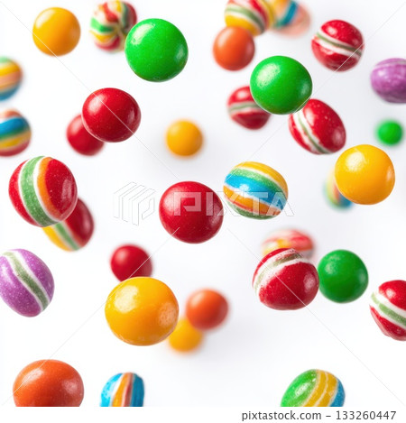 Vibrant Assortment of Colorful Gumballs and Hard Candies Falling and Floating Against a Bright White Background, Capturing Playful Energy, Sweetness, and Childhood Nostalgia 133260447