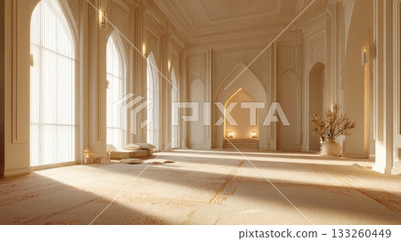Stunning Interior of a Luxurious, Minimalist Arabian-Inspired Hall or Mosque with High Arched Windows, Sunlit Carpeted Floor, and Warm, Monochromatic Islamic Architecture 133260449