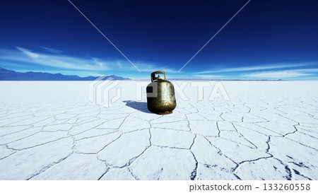 A golden gas cylinder stands alone on expansive salt flats, surrounded by a stunning blue sky. This scene captures the serene beauty and solitude of nature in a remote location. A golden gas cylinder stands alone on expansive salt flats, surrounded by a stunning blue sky. This scene captures the serene beauty and solitude of nature in a remote location. 133260558