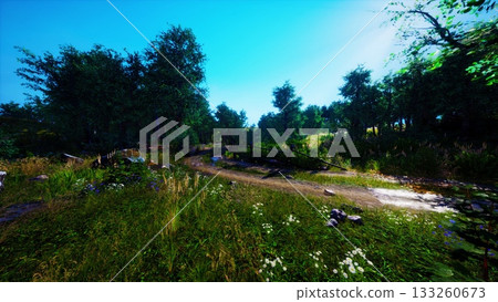 A winding dirt path meanders through a lush green forest. Sunlight filters through the trees, illuminating patches of wildflowers. The scene feels peaceful and serene, inviting exploration. 133260673